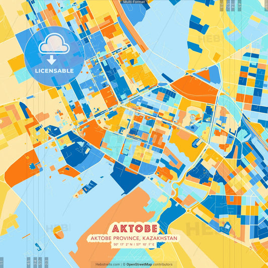 Aktobe, Aktobe Province, Kazakhstan blue and orange vector art map template