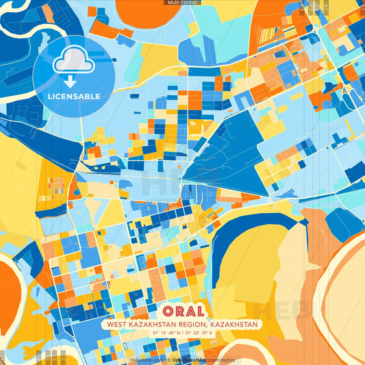 Oral, West Kazakhstan Region, Kazakhstan blue and orange vector art map template
