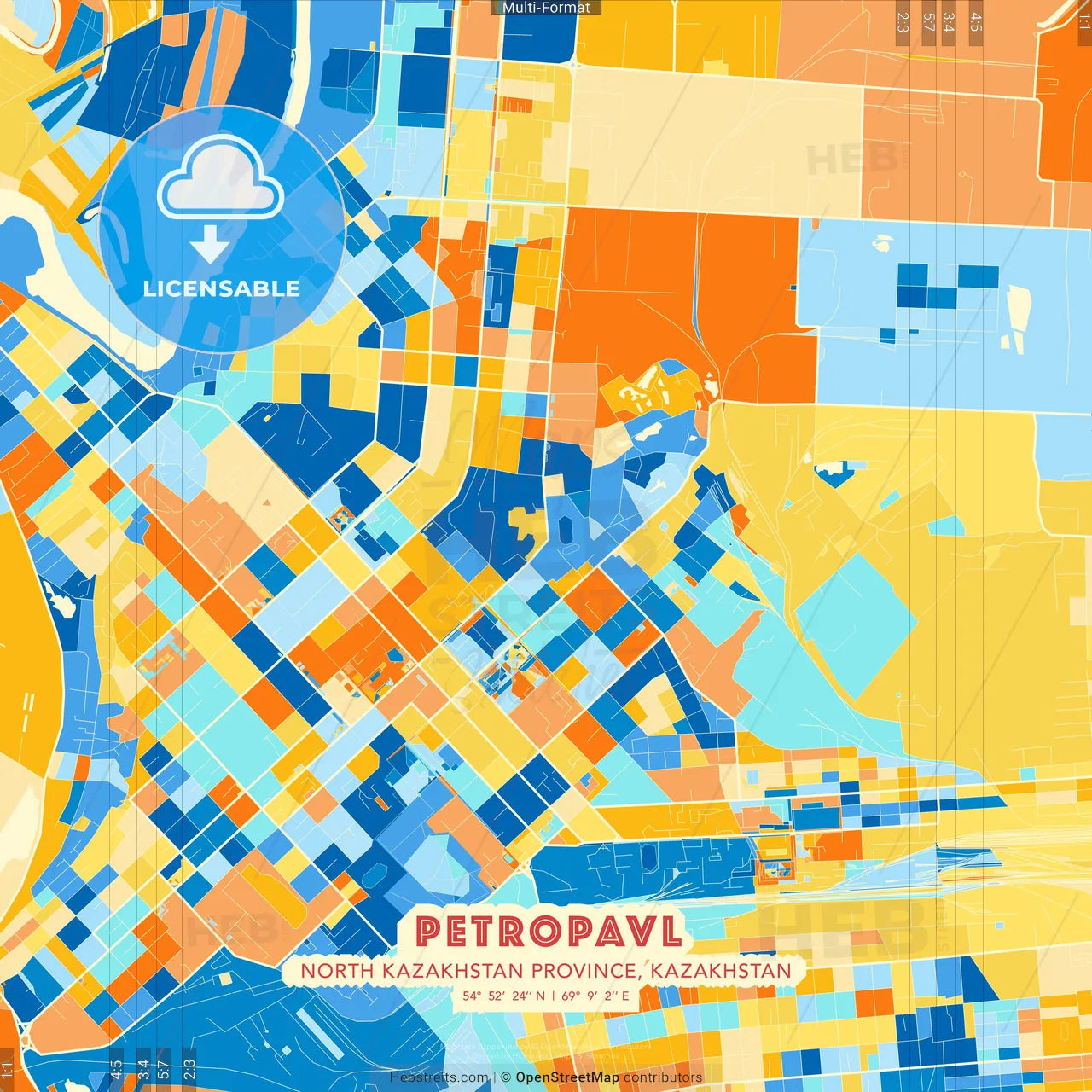 Petropavl, North Kazakhstan Province, Kazakhstan blue and orange vector art map template