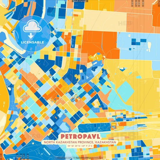Petropavl, North Kazakhstan Province, Kazakhstan blue and orange vector art map template