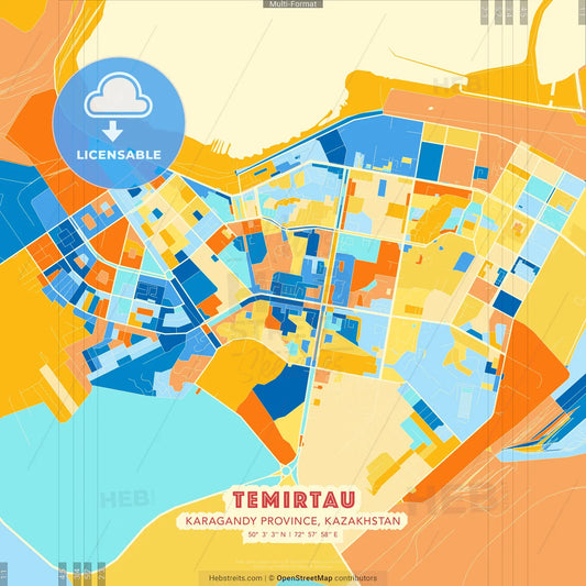Temirtau, Karagandy Province, Kazakhstan blue and orange vector art map template