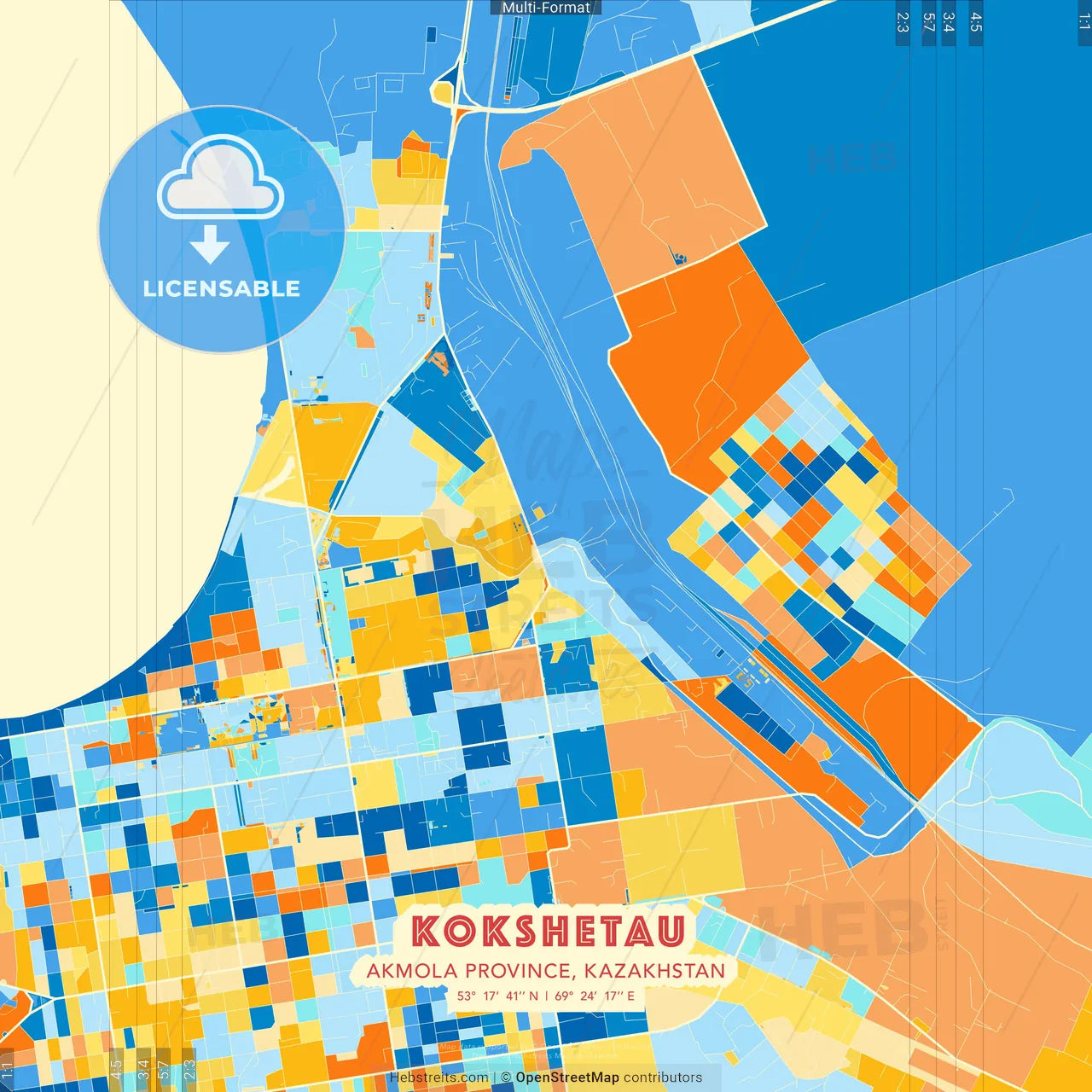 Kokshetau, Akmola Province, Kazakhstan blue and orange vector art map template