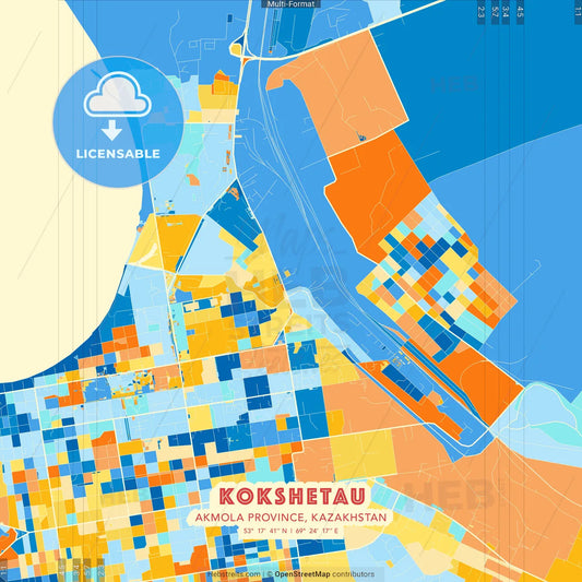 Kokshetau, Akmola Province, Kazakhstan blue and orange vector art map template
