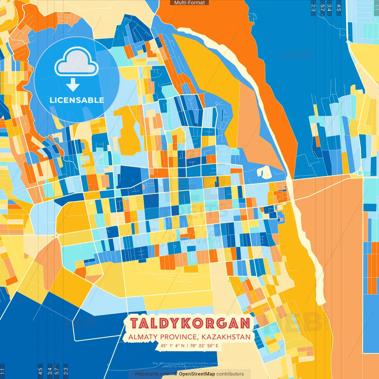 Taldykorgan, Almaty Province, Kazakhstan blue and orange vector art map template
