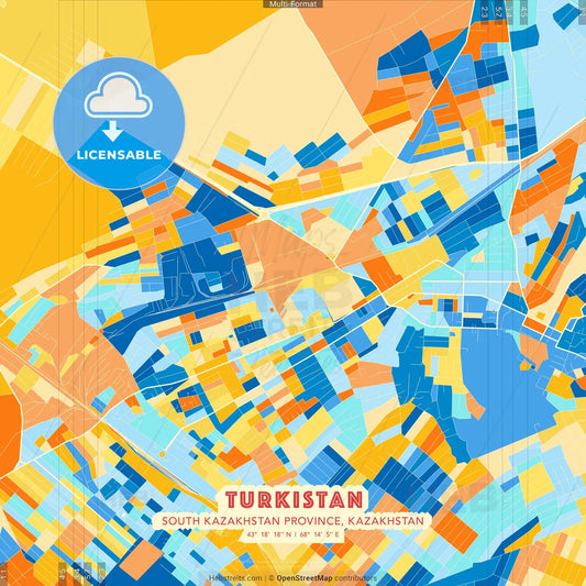 Turkistan, South Kazakhstan Province, Kazakhstan blue and orange vector art map template