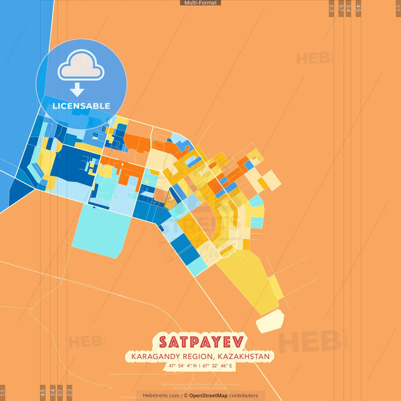 Satpayev, Karagandy Region, Kazakhstan blue and orange vector art map template