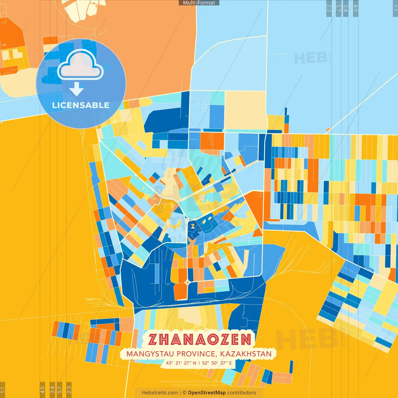 Zhanaozen, Mangystau Province, Kazakhstan blue and orange vector art map template