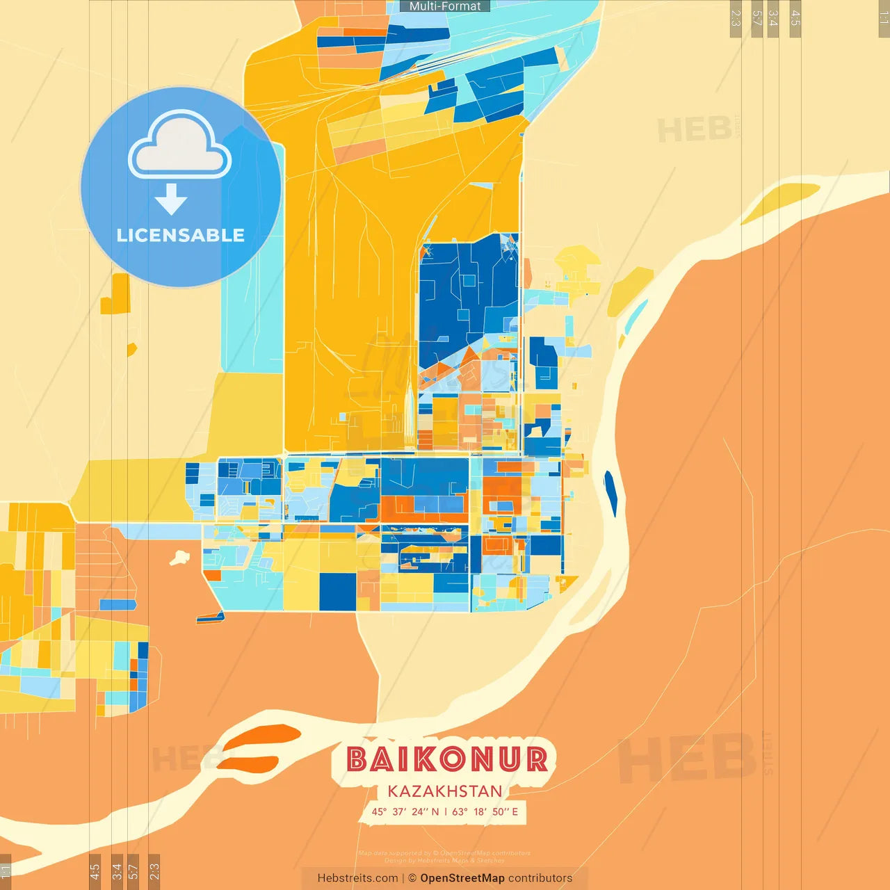 Baikonur, Kazakhstan blue and orange vector art map template