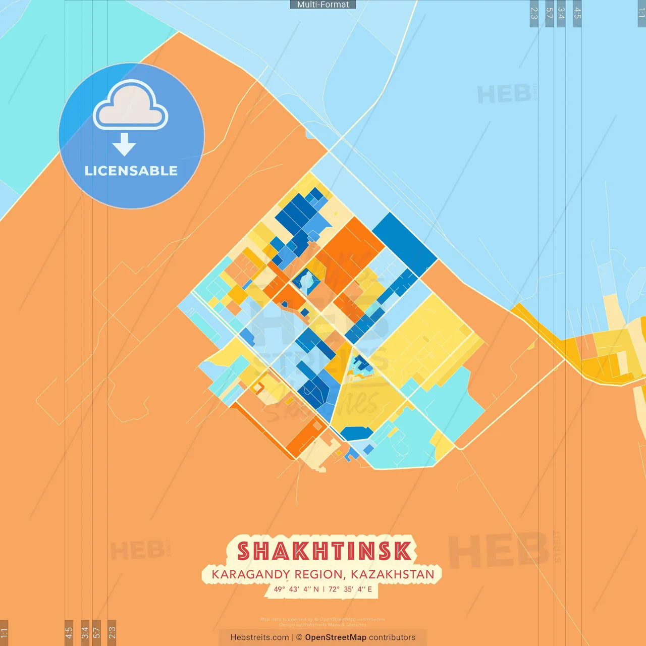 Shakhtinsk, Karagandy Region, Kazakhstan blue and orange vector art map template