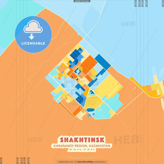 Shakhtinsk, Karagandy Region, Kazakhstan blue and orange vector art map template