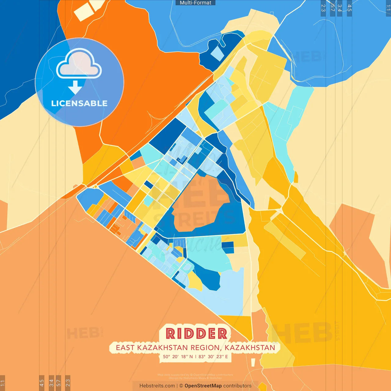 Ridder, East Kazakhstan Region, Kazakhstan blue and orange vector art map template