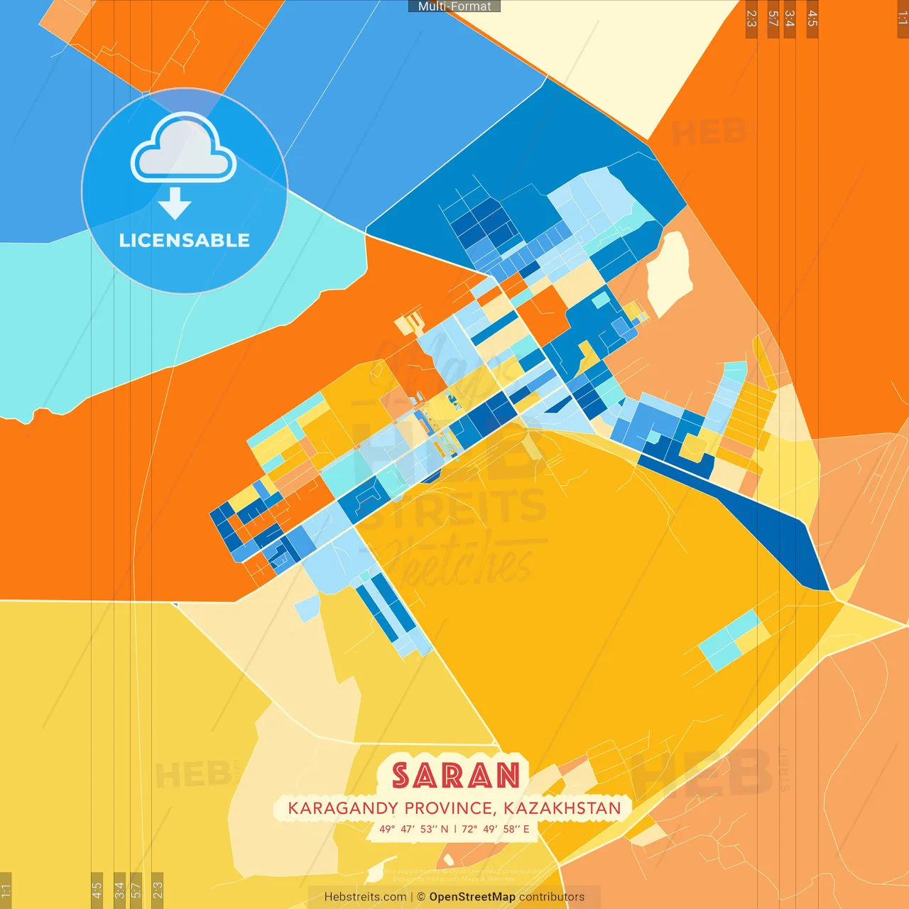 Saran, Karagandy Province, Kazakhstan blue and orange vector art map template