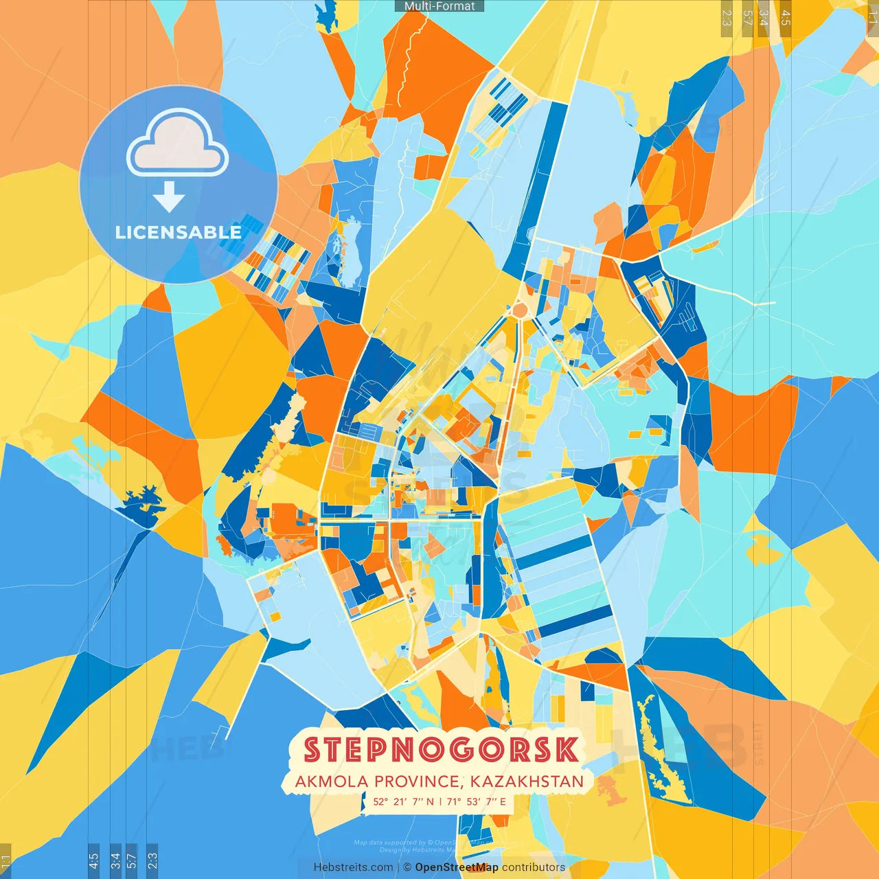 Stepnogorsk, Akmola Province, Kazakhstan blue and orange vector art map template