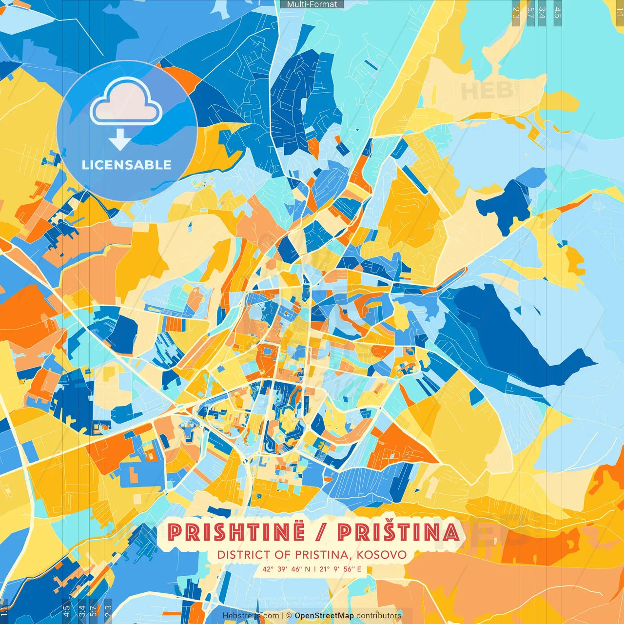 Prishtinë / Priština, District of Pristina, Kosovo blue and orange vector art map template