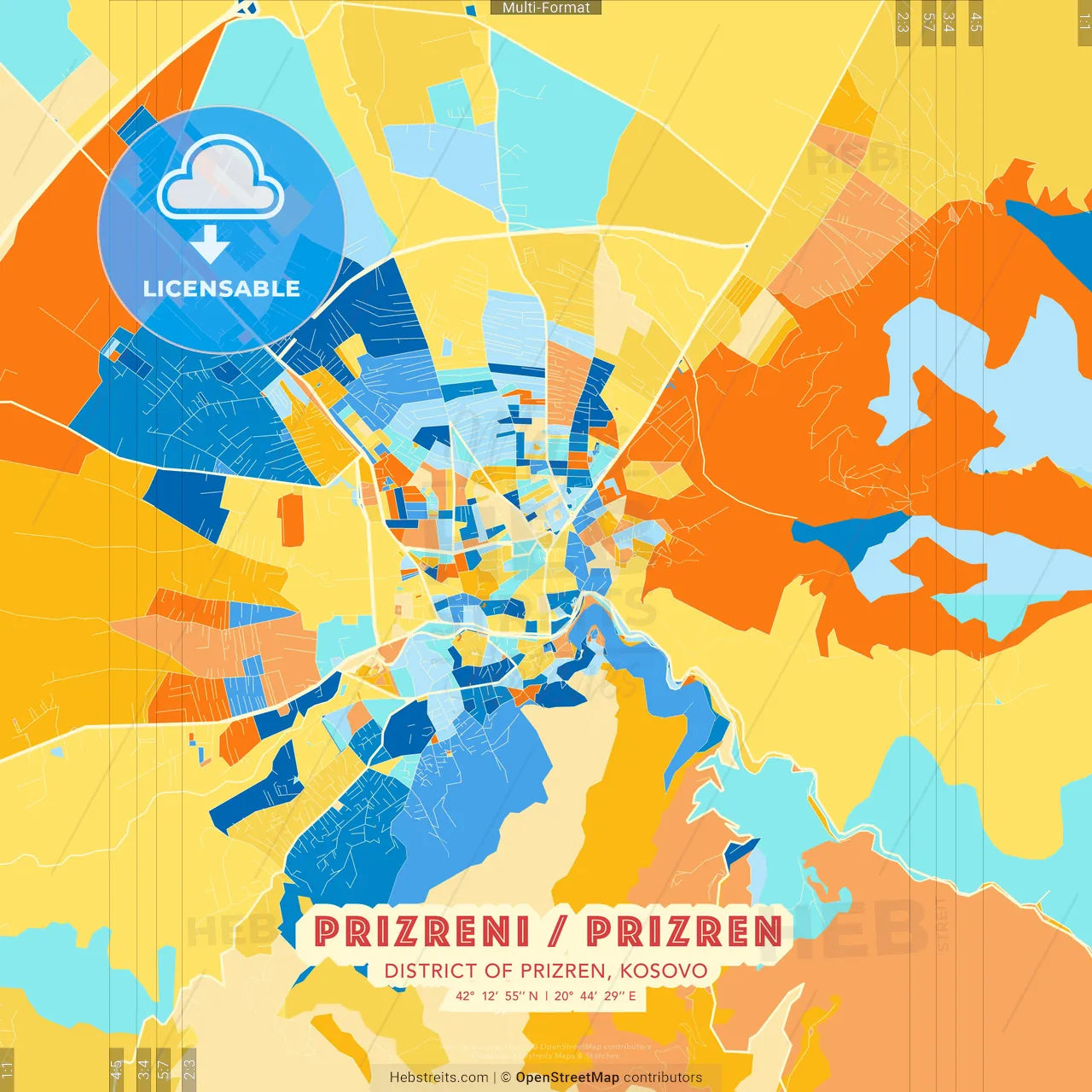 Prizreni / Prizren, District of Prizren, Kosovo blue and orange vector art map template