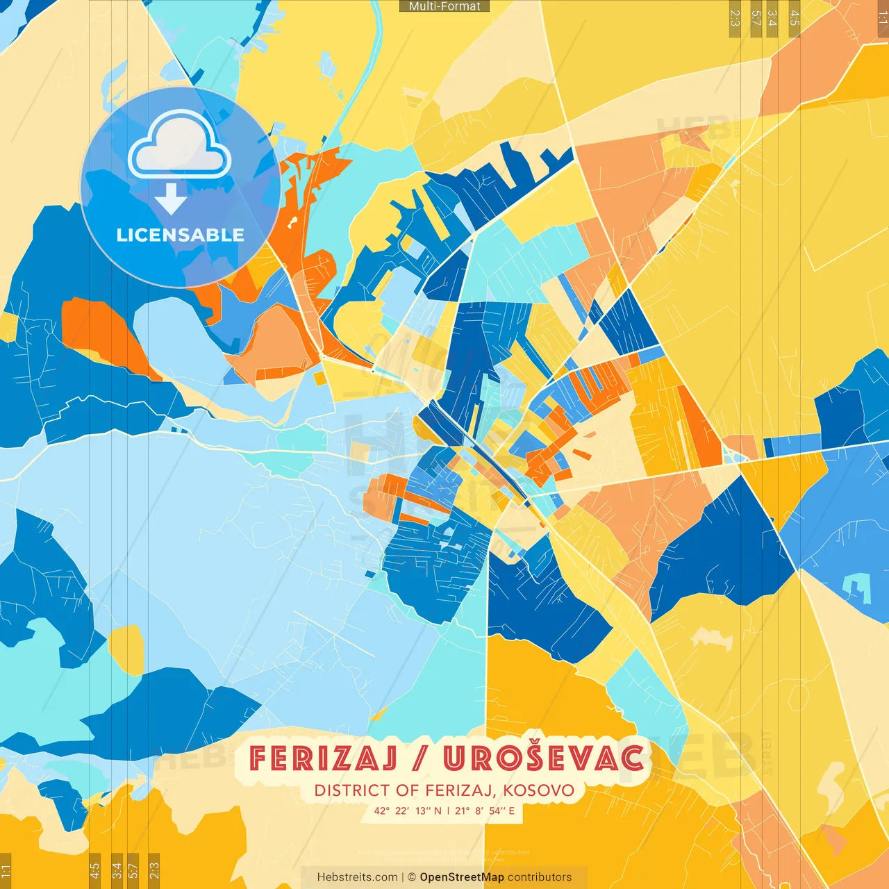 Ferizaj / Uroševac, District of Ferizaj, Kosovo blue and orange vector art map template