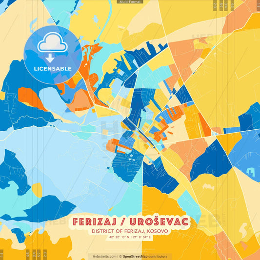 Ferizaj / Uroševac, District of Ferizaj, Kosovo blue and orange vector art map template