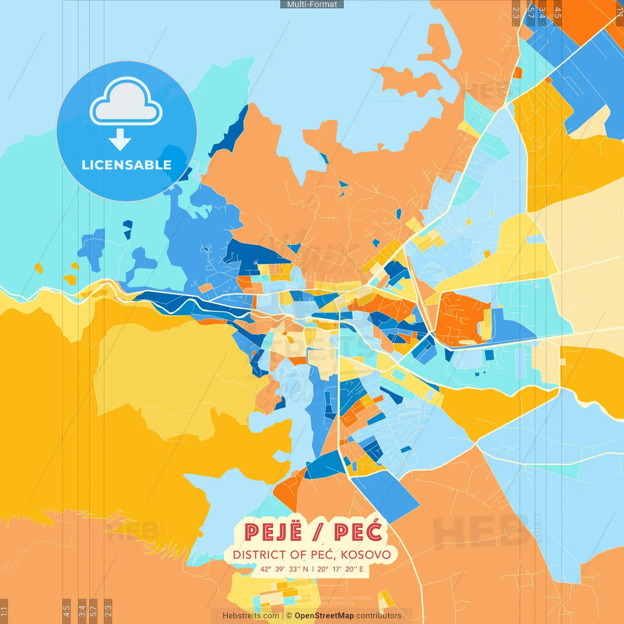 Pejë / Peć, District of Peć, Kosovo blue and orange vector art map template