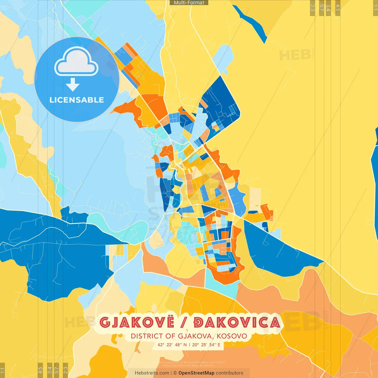 Gjakovë / Đakovica, District of Gjakova, Kosovo blue and orange vector art map template
