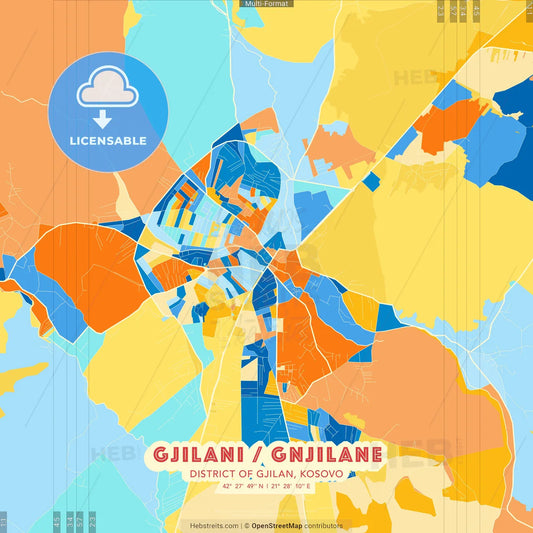 Gjilani / Gnjilane, District of Gjilan, Kosovo blue and orange vector art map template
