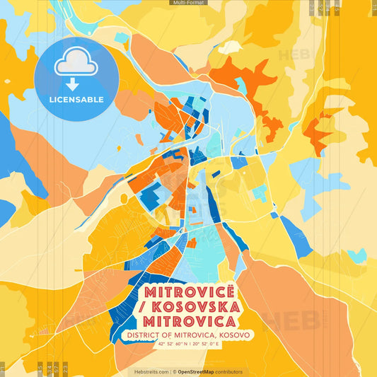 Mitrovicë / Kosovska Mitrovica, District of Mitrovica, Kosovo blue and orange vector art map template