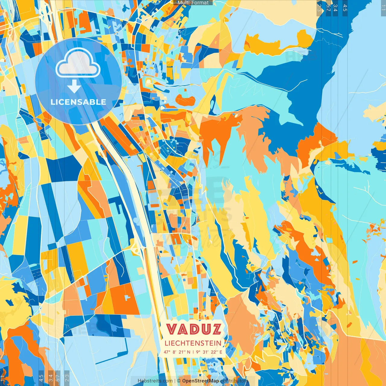 Vaduz, Liechtenstein blue and orange vector art map template