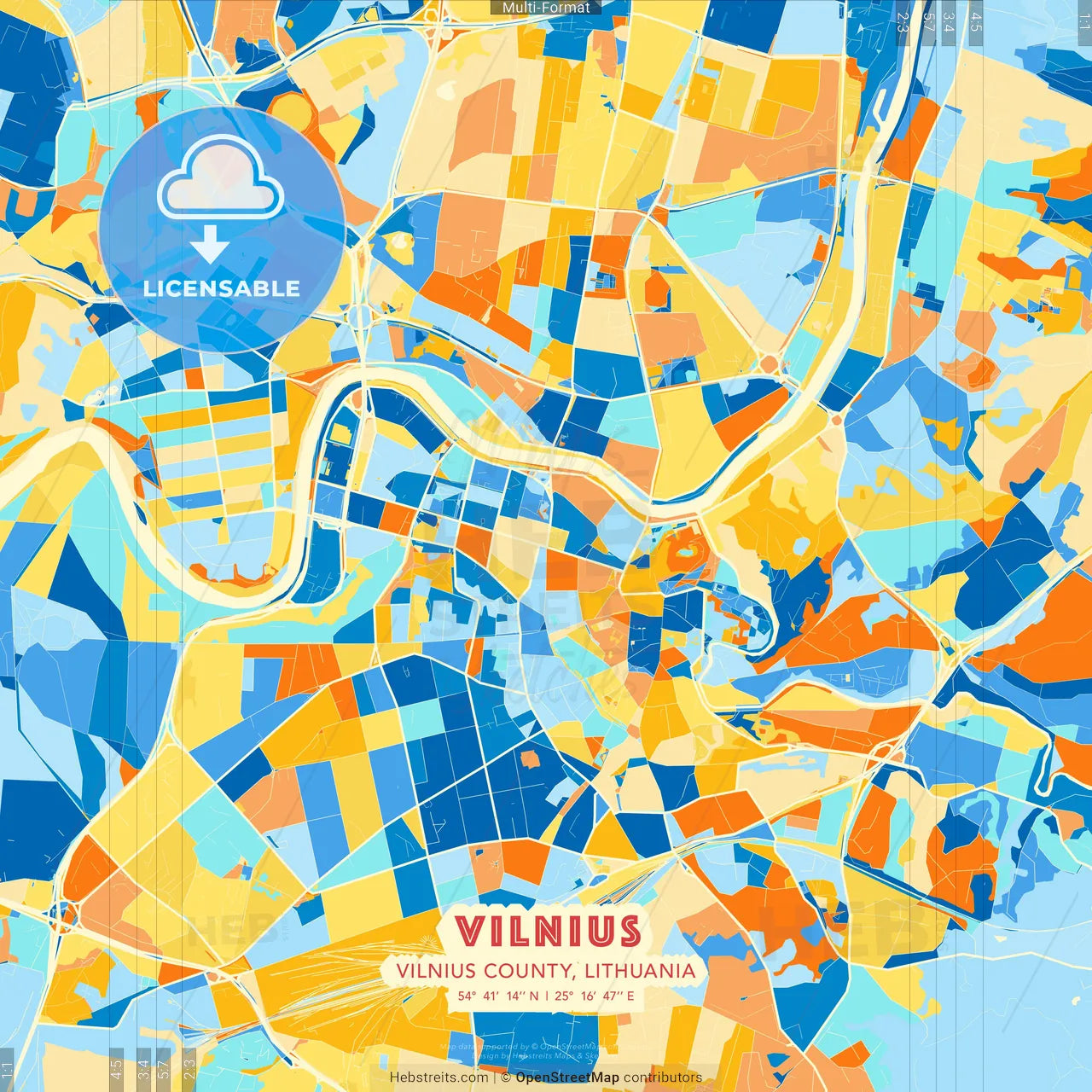 Vilnius, Vilnius County, Lithuania blue and orange vector art map template