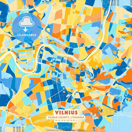 Vilnius, Vilnius County, Lithuania blue and orange vector art map template
