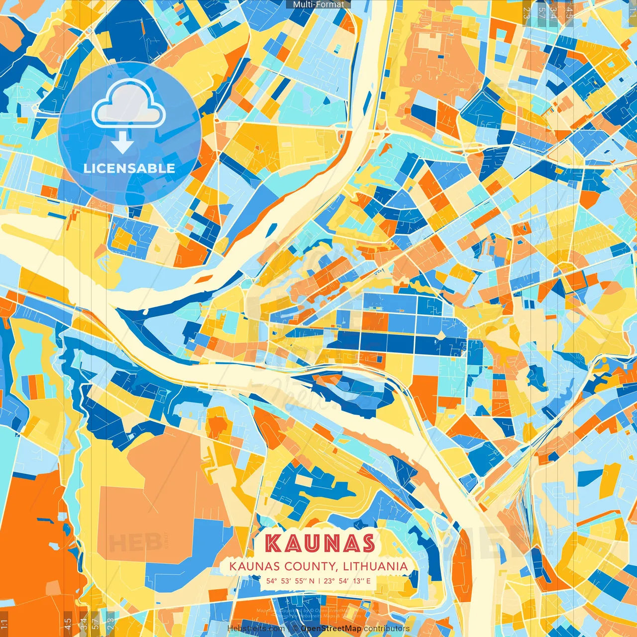 Kaunas, Kaunas County, Lithuania blue and orange vector art map template