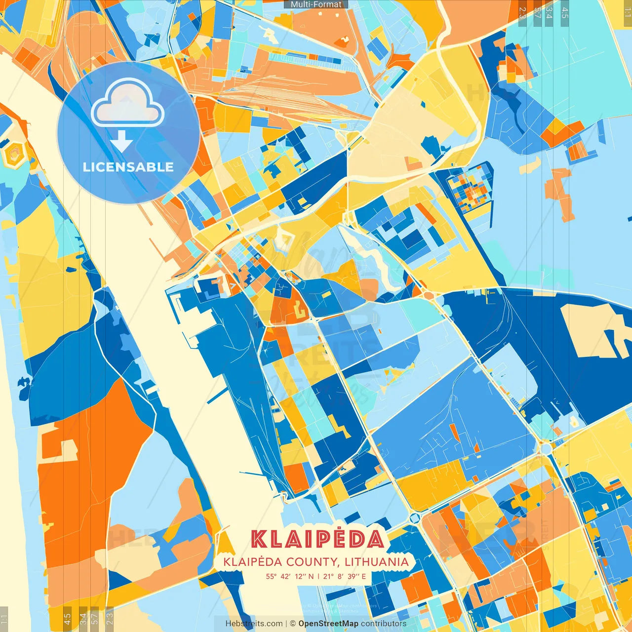 Klaipėda, Klaipėda County, Lithuania blue and orange vector art map template