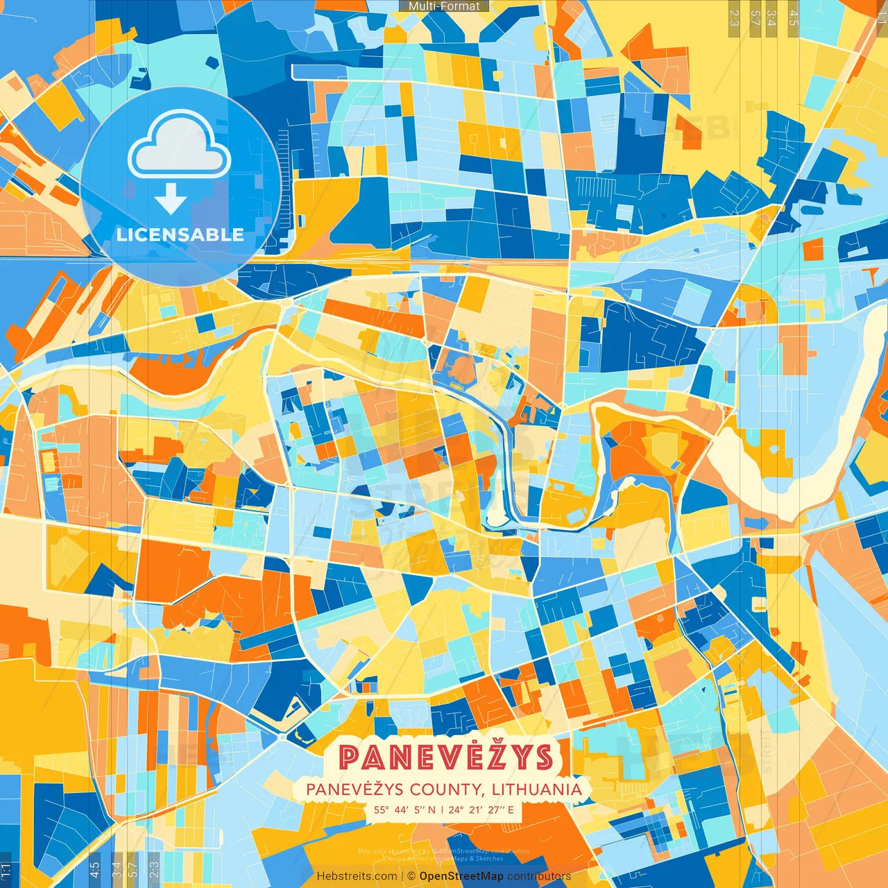 Panevėžys, Panevėžys County, Lithuania blue and orange vector art map template