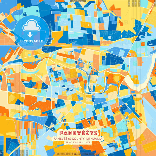 Panevėžys, Panevėžys County, Lithuania blue and orange vector art map template
