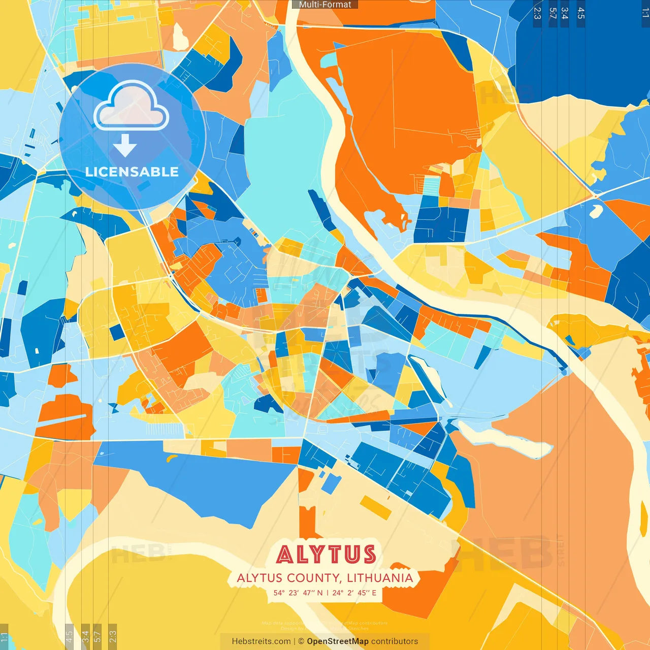 Alytus, Alytus County, Lithuania blue and orange vector art map template