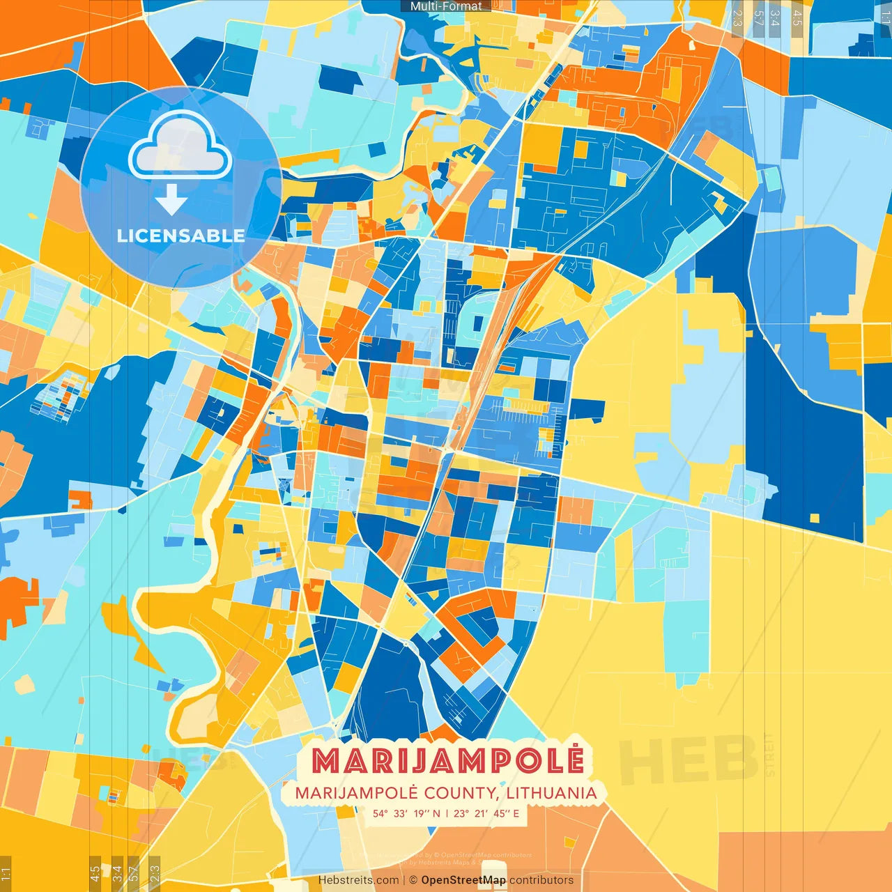 Marijampolė, Marijampolė County, Lithuania blue and orange vector art map template