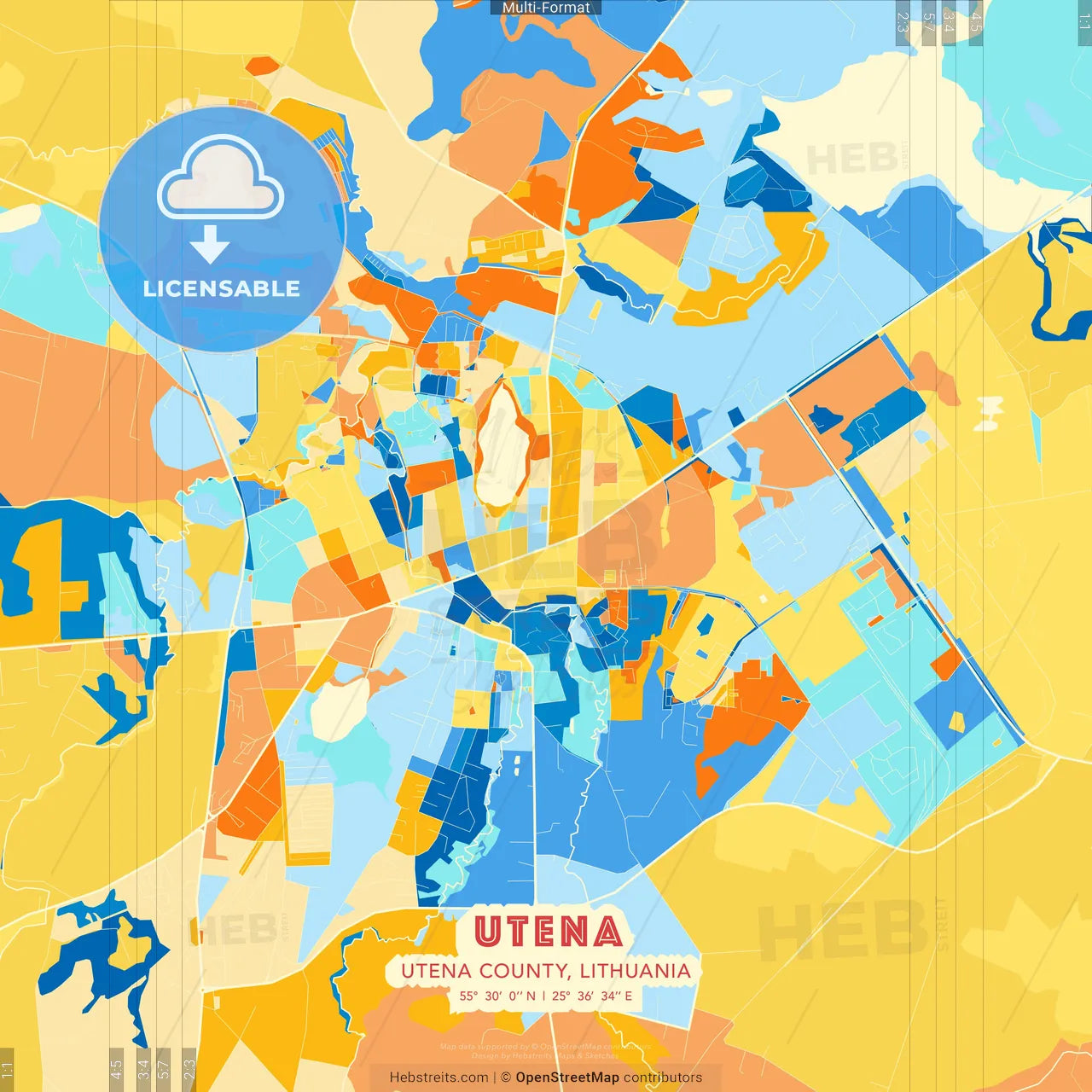 Utena, Utena County, Lithuania blue and orange vector art map template