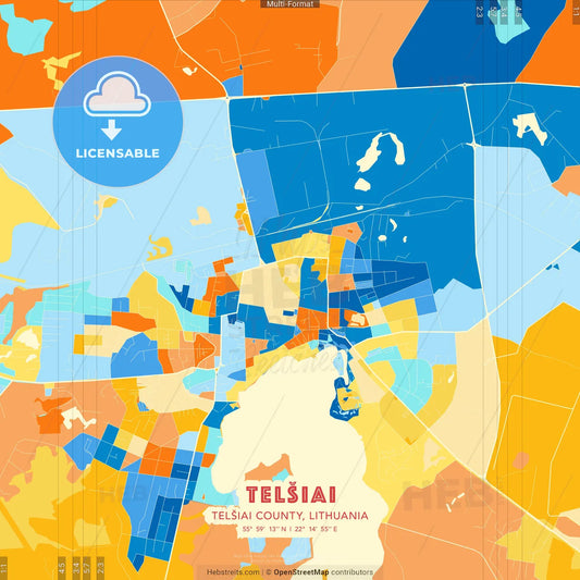 Telšiai, Telšiai County, Lithuania blue and orange vector art map template