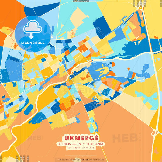 Ukmergė, Vilnius County, Lithuania blue and orange vector art map template