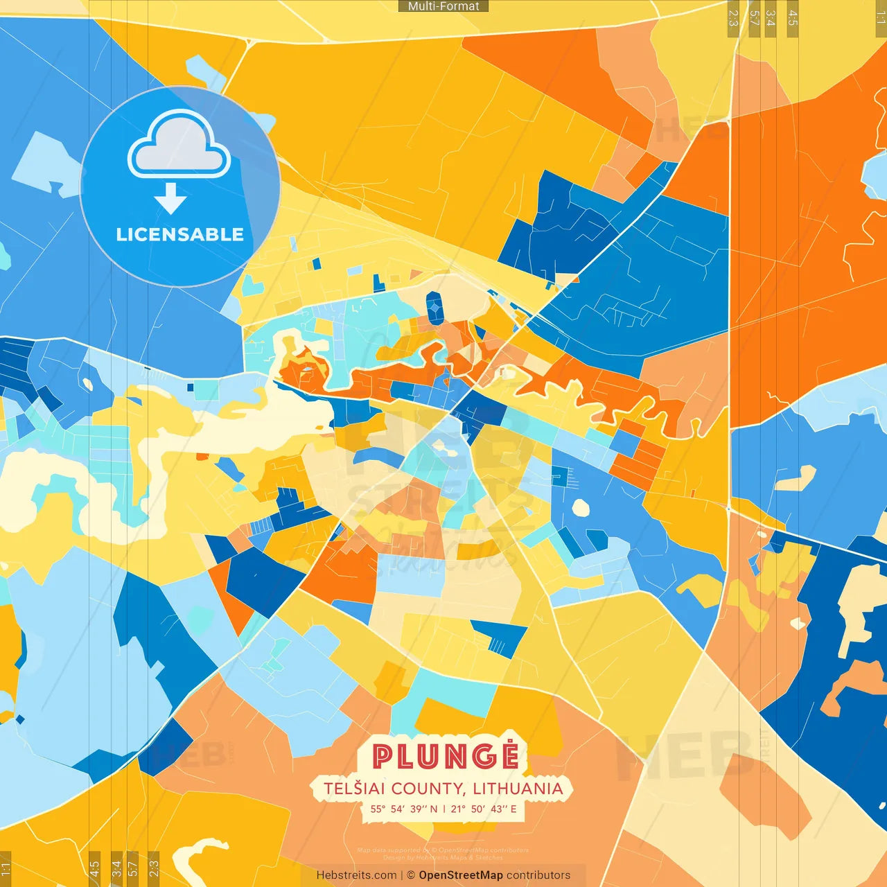 Plungė, Telšiai County, Lithuania blue and orange vector art map template