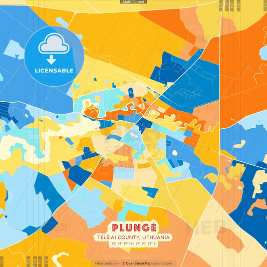 Plungė, Telšiai County, Lithuania blue and orange vector art map template