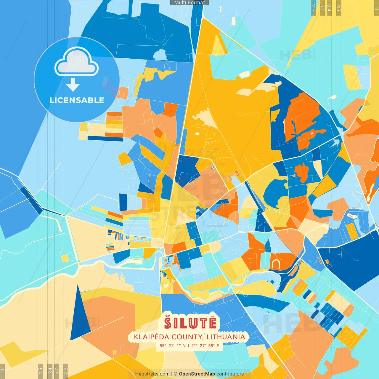 Šilutė, Klaipėda County, Lithuania blue and orange vector art map template