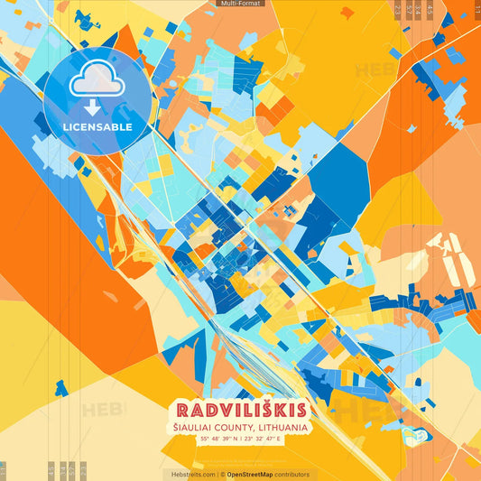 Radviliškis, Šiauliai County, Lithuania blue and orange vector art map template