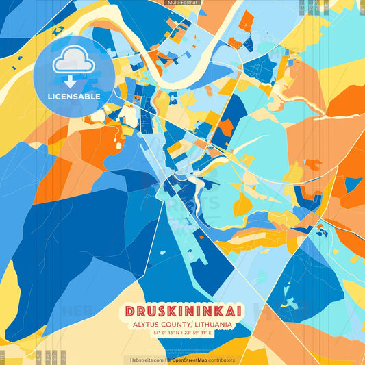 Druskininkai, Alytus County, Lithuania blue and orange vector art map template
