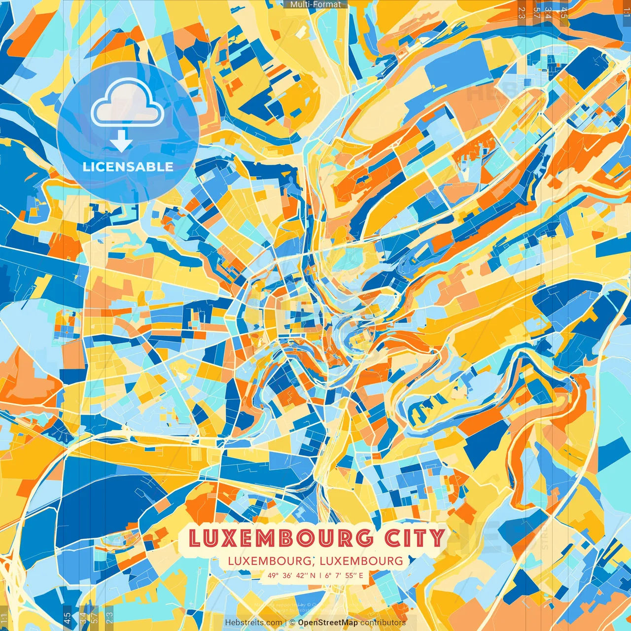 Luxembourg City, Luxembourg, Luxembourg blue and orange vector art map template