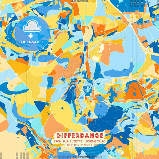 Differdange, Esch-sur-Alzette, Luxembourg blue and orange vector art map template