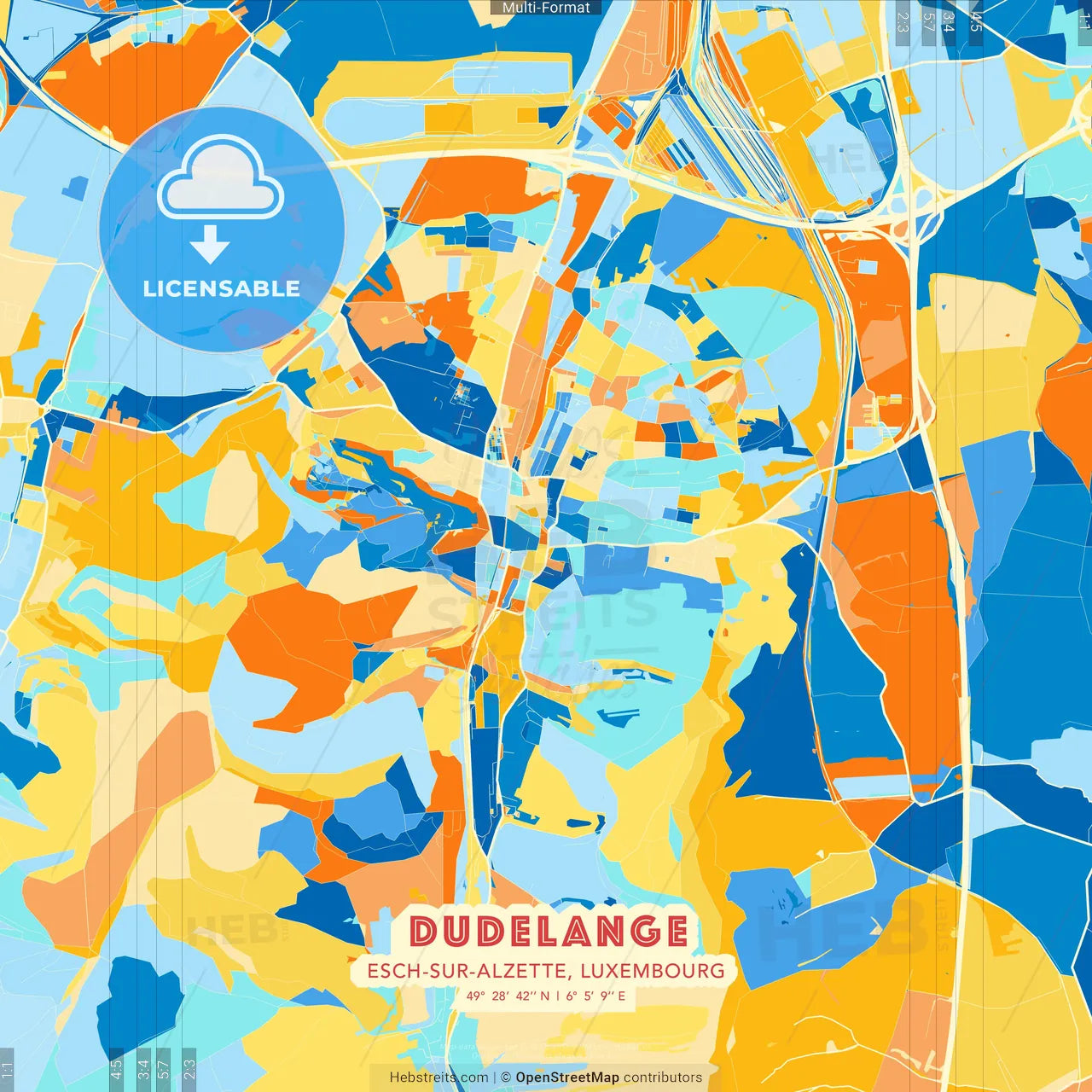 Dudelange, Esch-sur-Alzette, Luxembourg blue and orange vector art map template