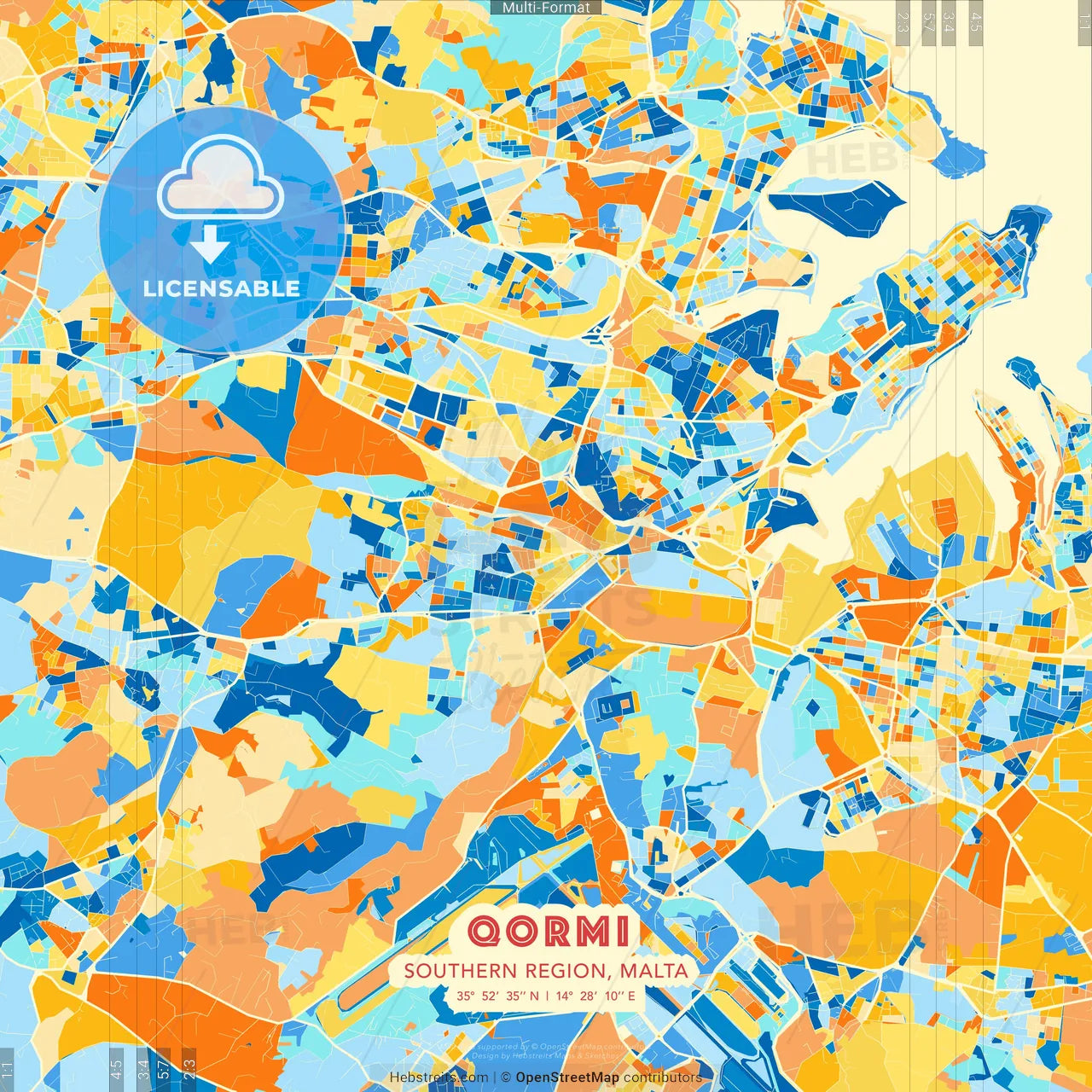 Qormi, Southern Region, Malta blue and orange vector art map template