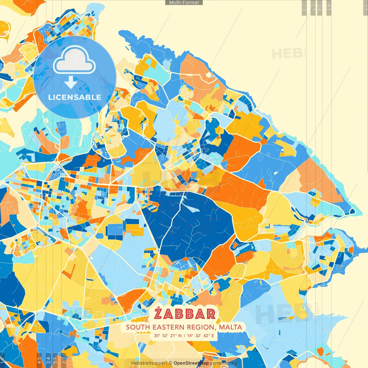 Żabbar, South Eastern Region, Malta blue and orange vector art map template
