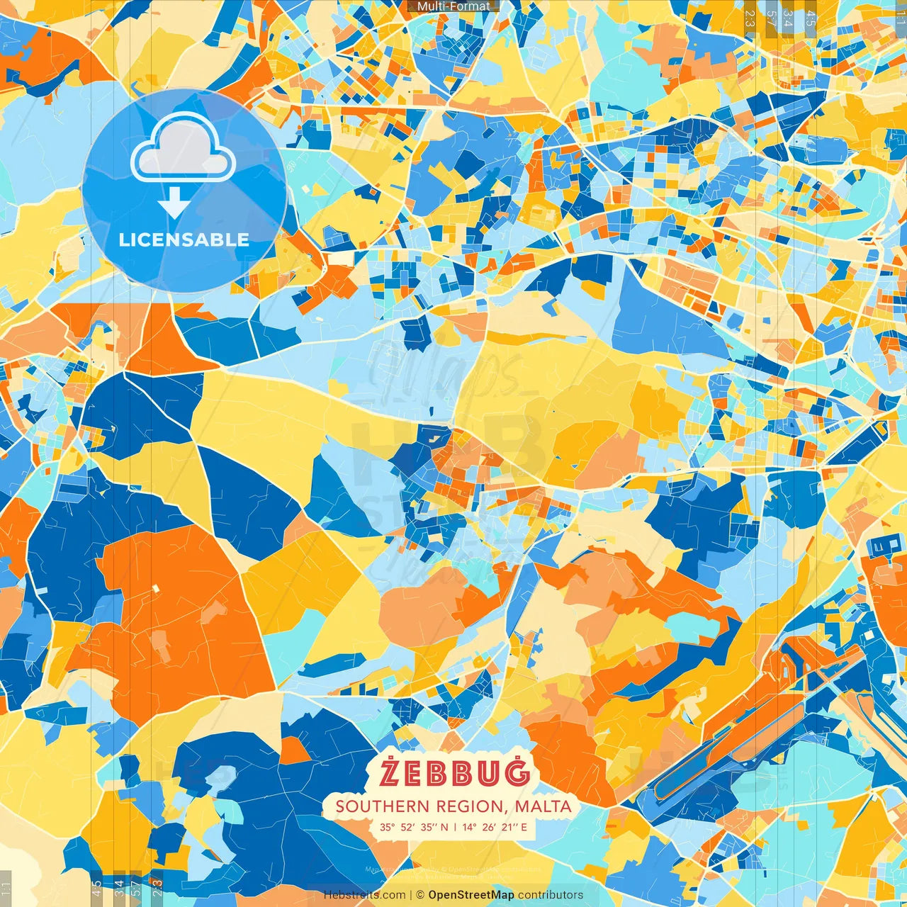 Żebbuġ, Southern Region, Malta blue and orange vector art map template