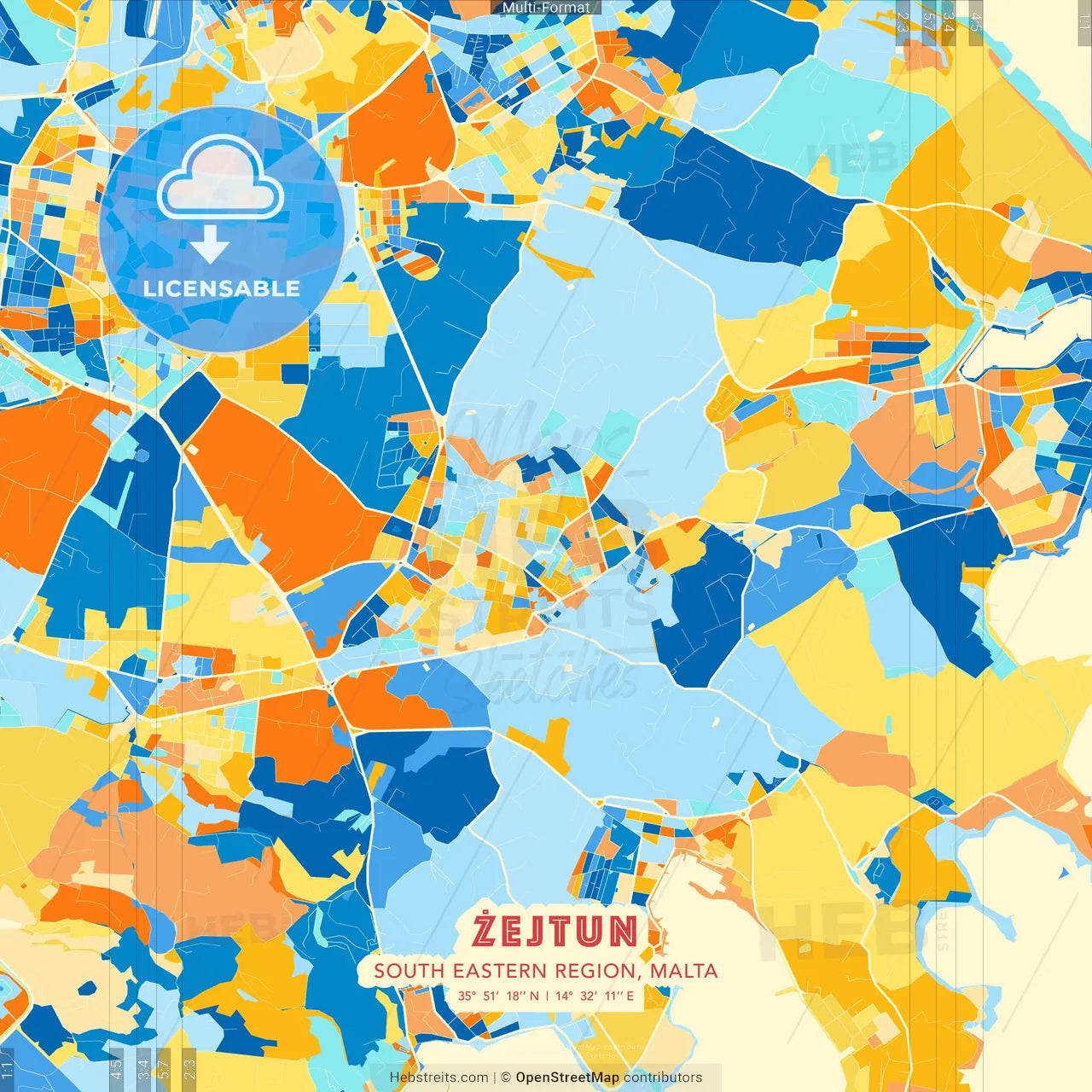 Żejtun, South Eastern Region, Malta blue and orange vector art map template
