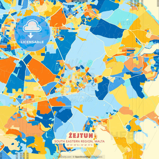 Żejtun, South Eastern Region, Malta blue and orange vector art map template